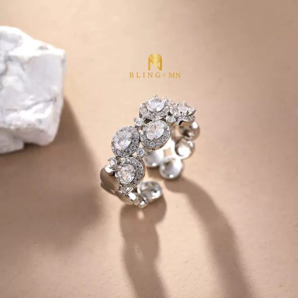 Ring Oval Shape Double Row Zircon 5 Stone Silver