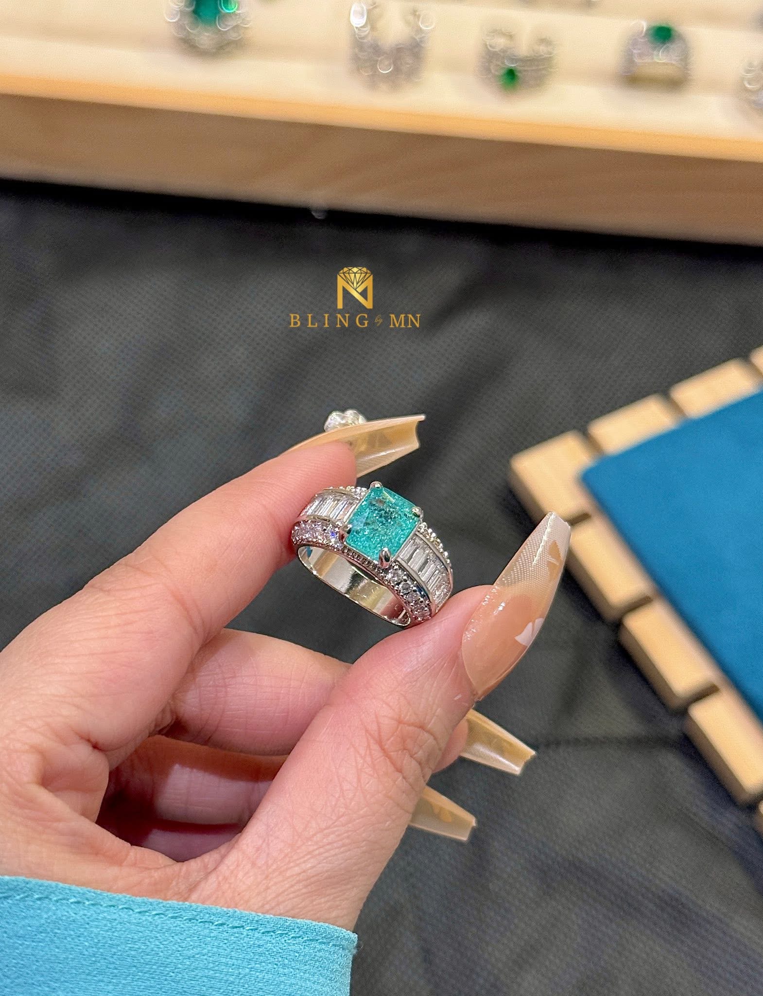 IMG_8743 Ring Small Square Turquoise Glitter Band Zircon - Image 1